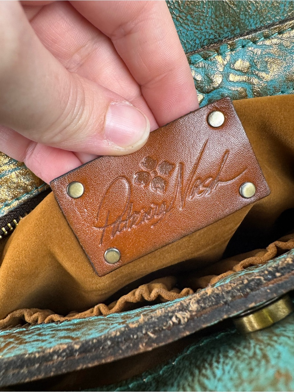 Patricia Nash Turquoise Gold Tooled Floral Leather Satchel Tassel Bag - Picture 10 of 15